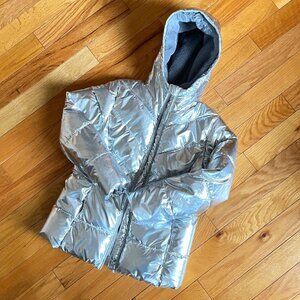 Wonder Nation Silver Metallic Puffy Jacket Girls L 10/12 Quilted Faux Fur Grey